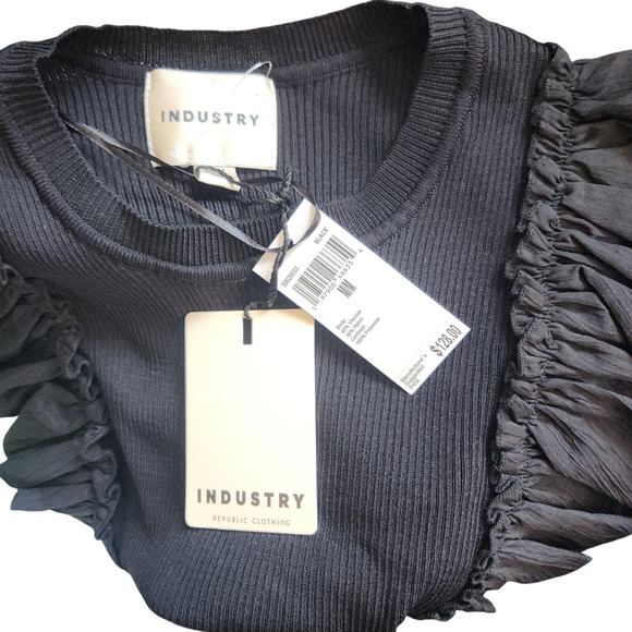 INDUSTRY REPUBLIC Womens Black Top Ruffle Sleeve Ribbed Knit Medium NWT $128 - Picture 7 of 7